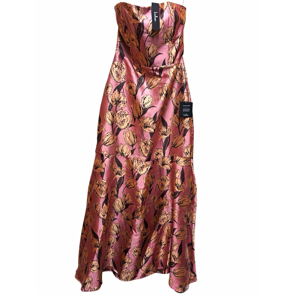 Lulus Pink Floral Satin Strapless Mermaid Maxi Dress Sleeveless Long L. 18 X 54